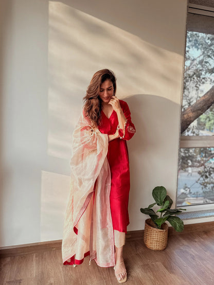Red Chanderi Kurta Set with Tissue Dupatta