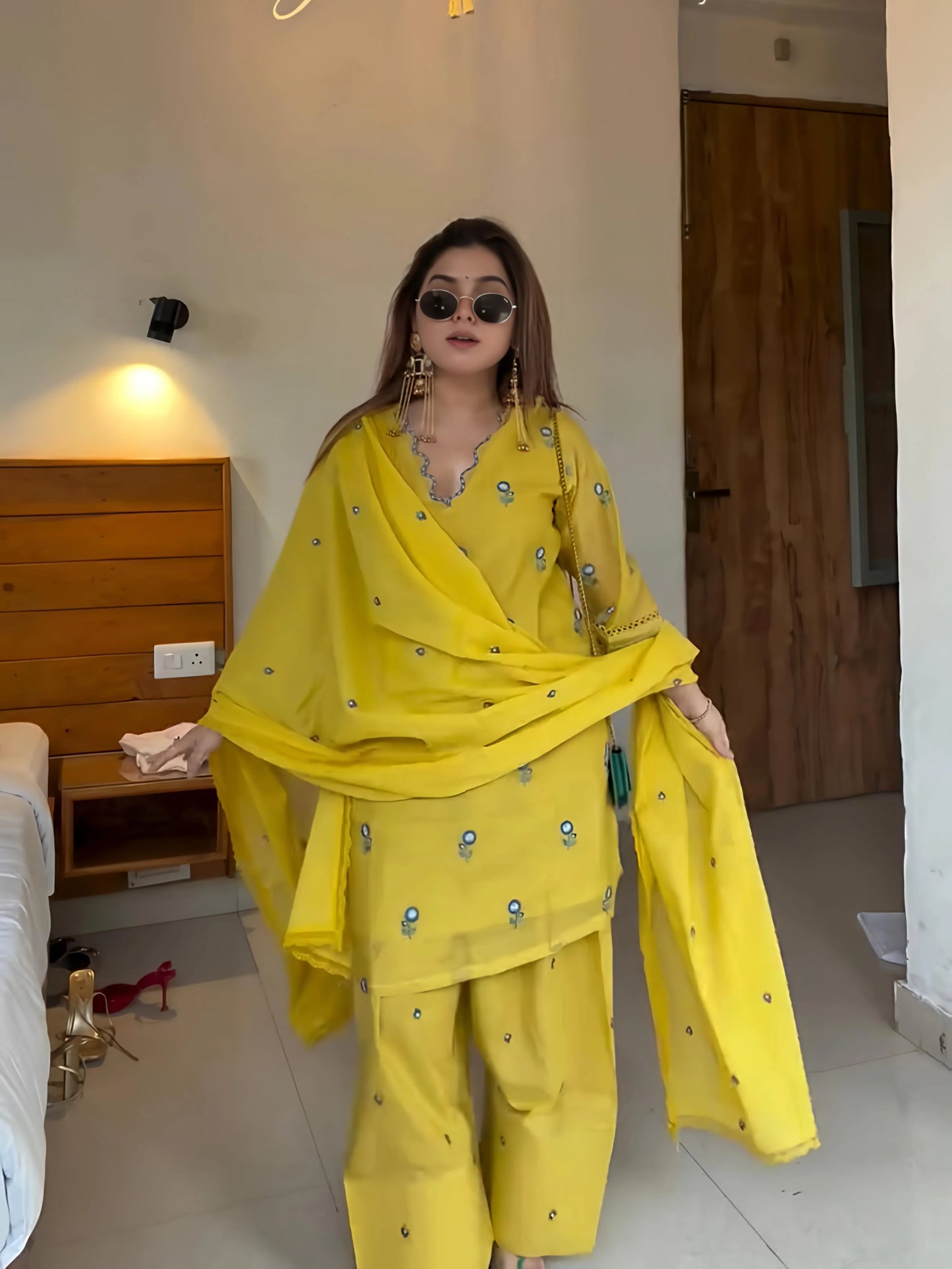 yellow embroidered chanderi kurta with farshi salwar