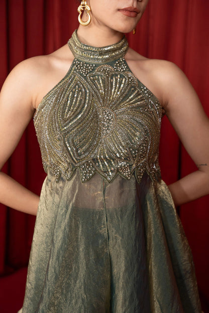 Designer Halter Neck Party Wear Top Palazzo Set with Heavy Embroidery