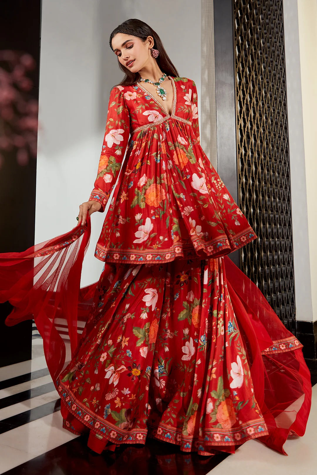 ruby red floral silk kurta garara set with net dupatta