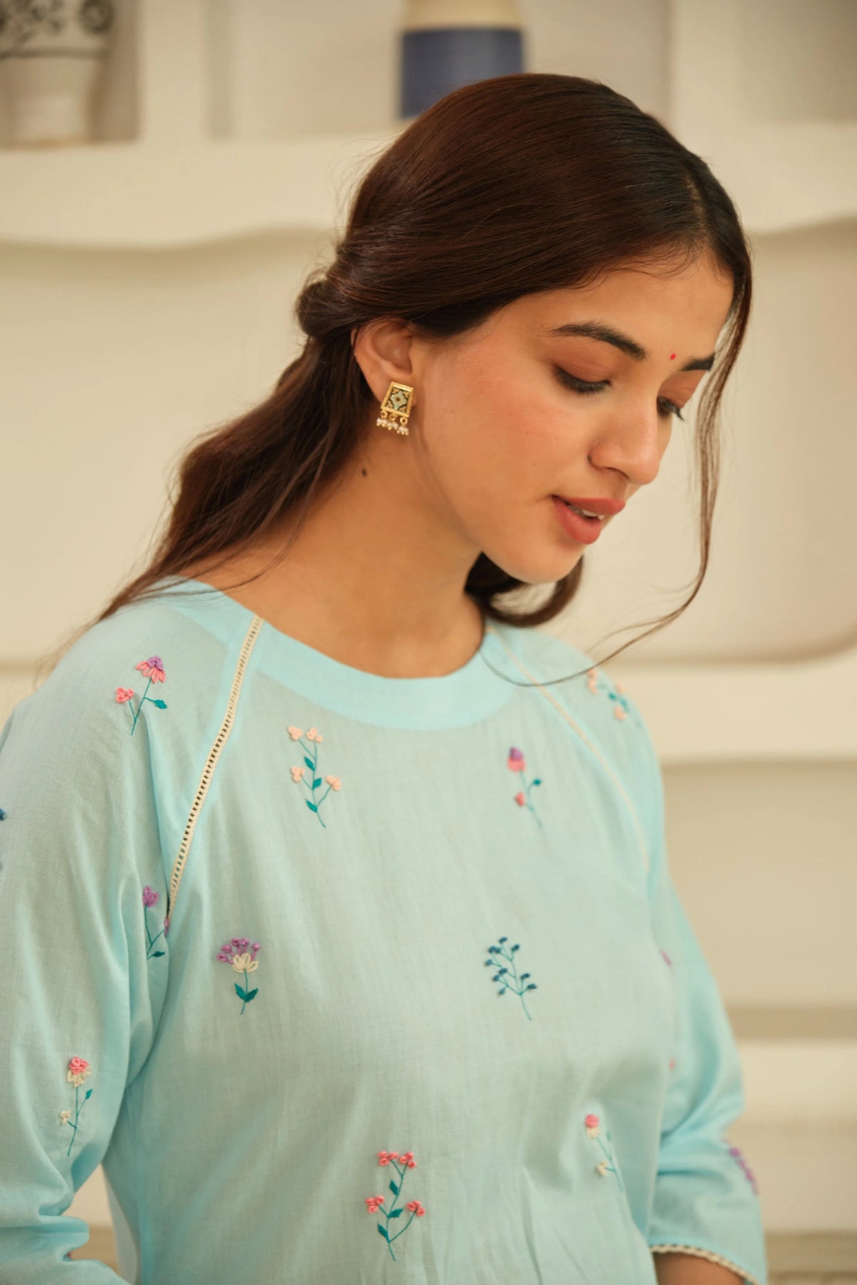 light blue cotton floral embroidered kurta pant set for women