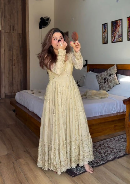 Ivory Gold Embroidered Anarkali Gown for Women