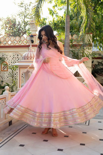 Faux Georgette Pink Anarkali With Pant And Dupatta Wedding Set