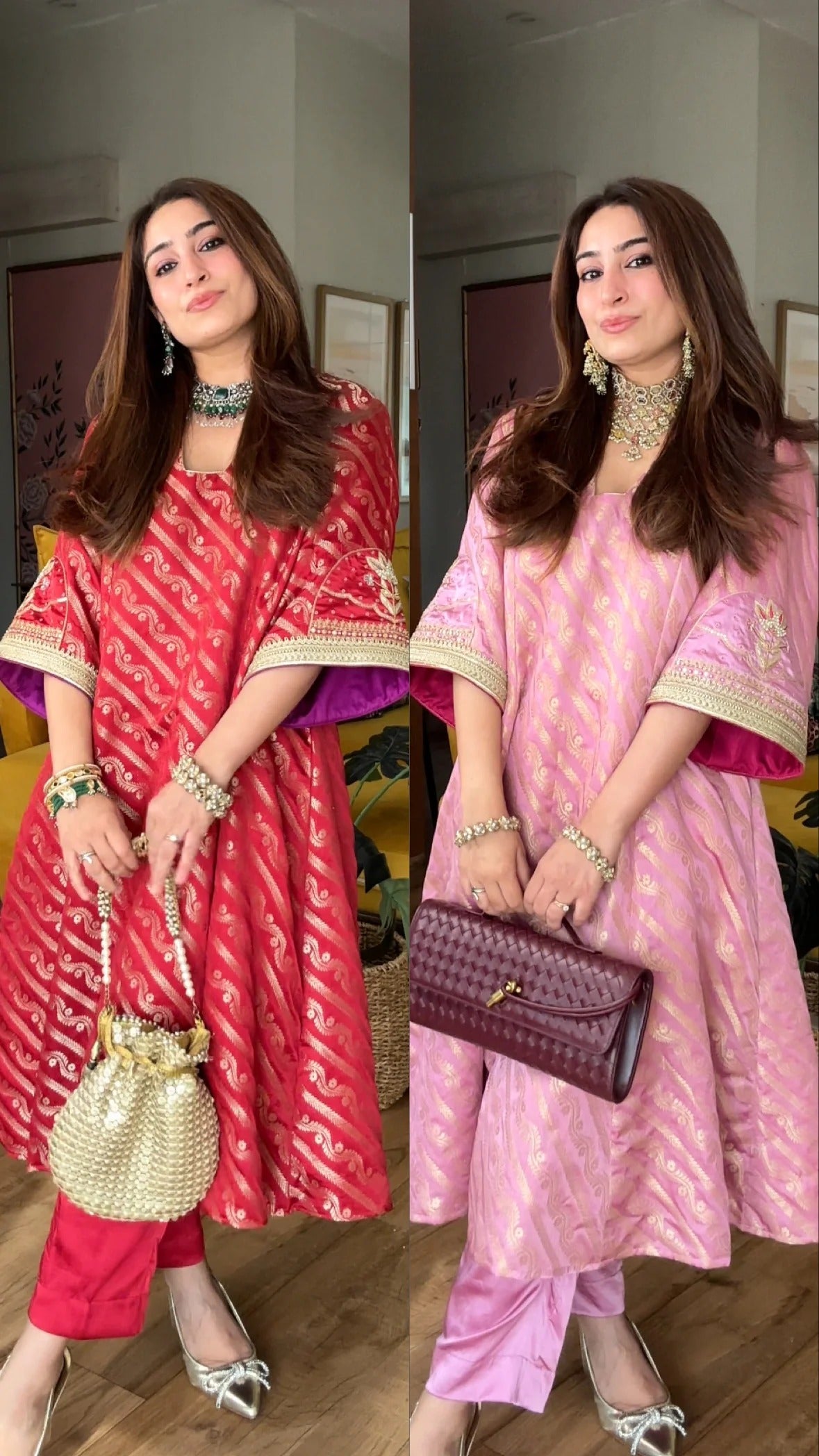 pink jacquard muslin handwork kurta set with viscose muslin bottom