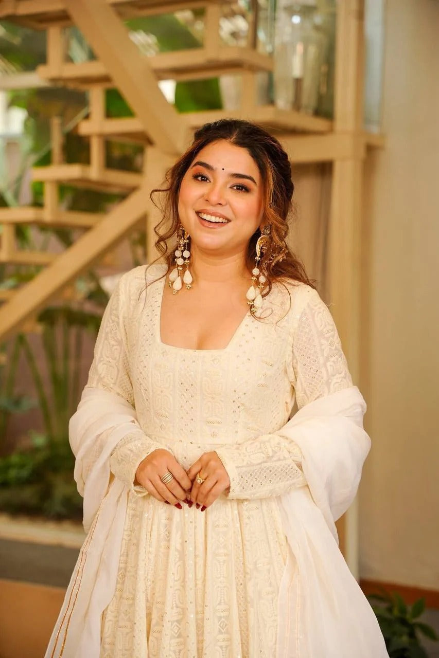 elegant ivory wedding wear heavy embroidered anarkali suit