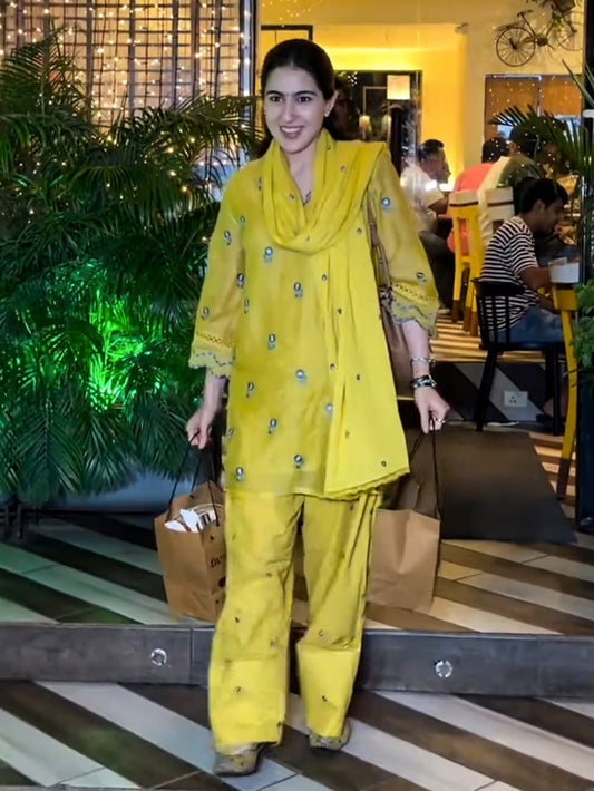 Yellow Embroidered Chanderi Kurta with Farshi Salwar