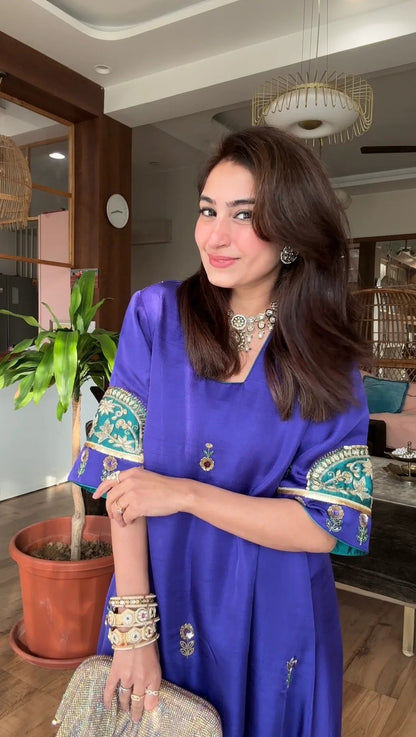 Royal Blue Embroidered A-Line Kurta Pant Set for Women