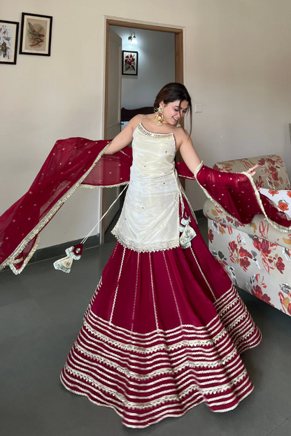 Elegant Ruby Red Sharara Suit Set with Ivory Embroidered Kurti