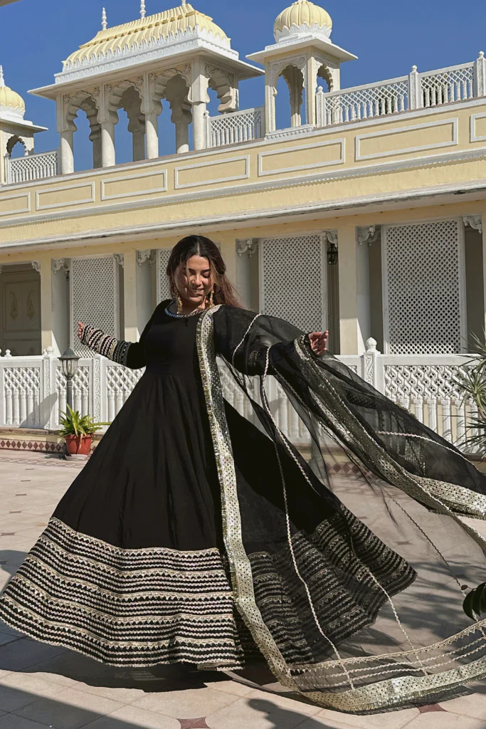 sanika noor black color embroidered work anarkali suit set