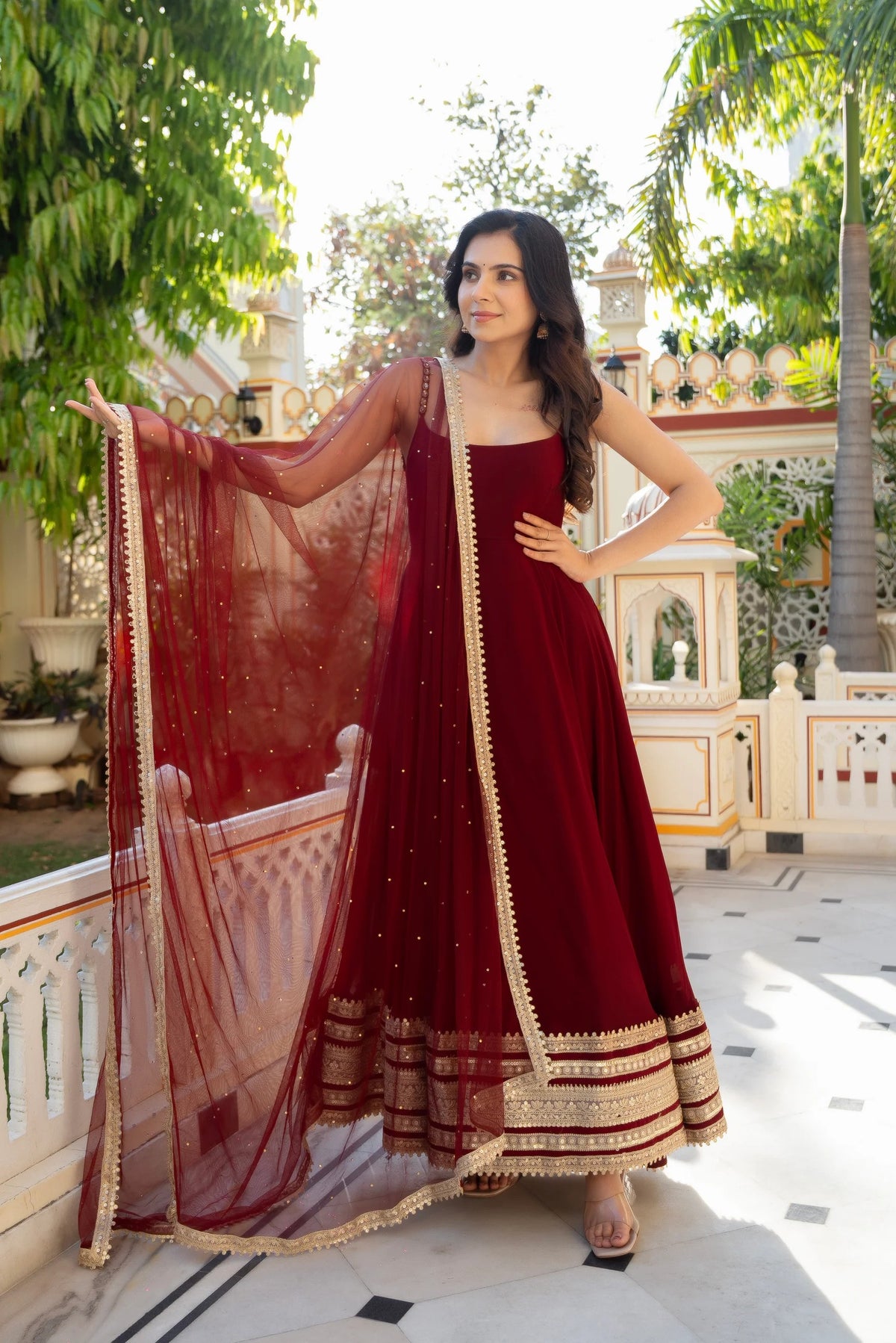 maroon embroidered anarkali suit set with  dupatta