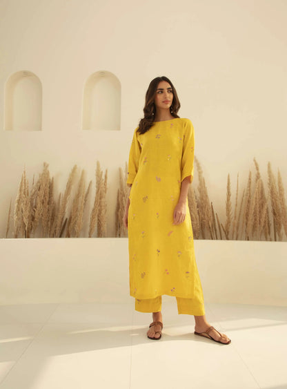 Yellow Mal Chanderi Embroidered Straight Kurta Set for Women