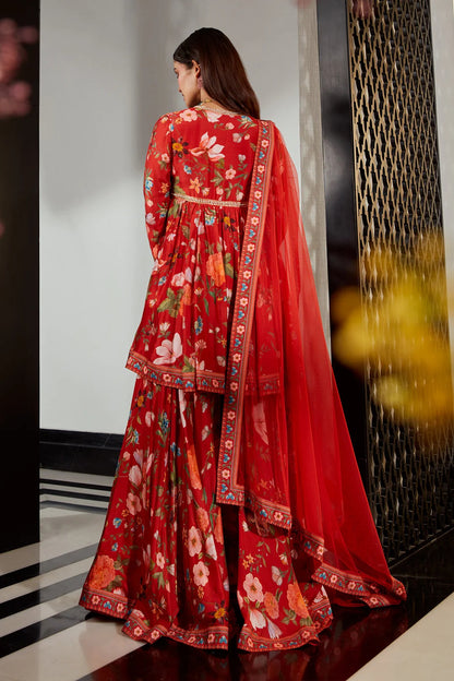 Ruby Red Floral Silk Kurta Garara Set with Net Dupatta