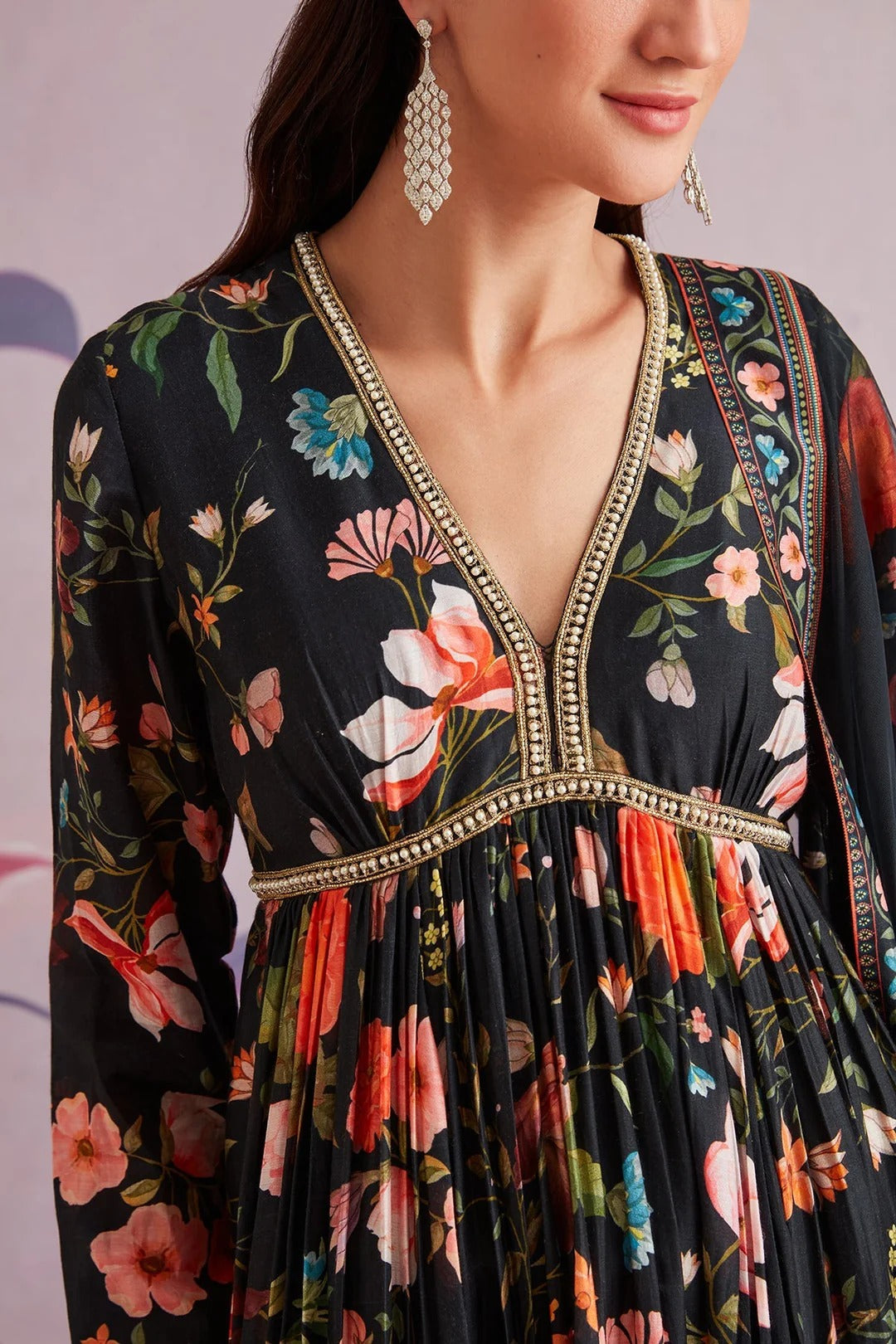 midnight black floral printed silk kurta set with garara & dupatta