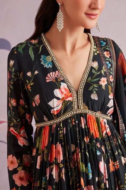Midnight Black Floral Printed Silk Kurta Set with Garara & Dupatta