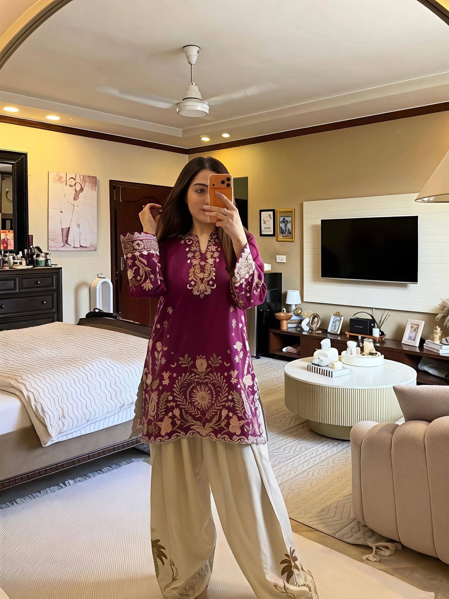 regal magenta embroidered kurta with ivory tulip pant set for women
