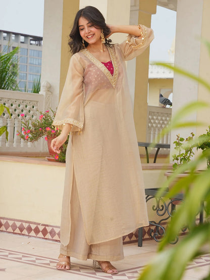 Elegant Beige Tissue Embroidered Kurta Palazzo Set for Women