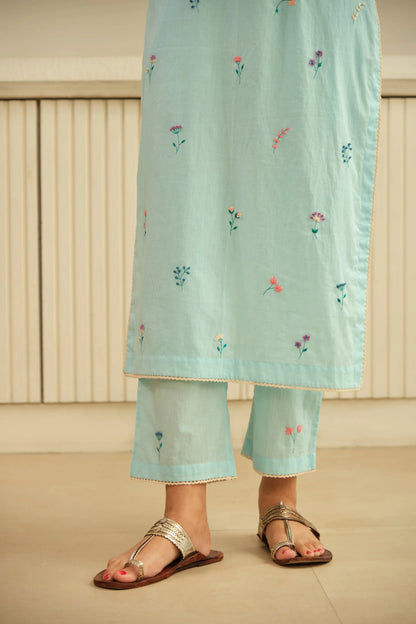 Light Blue Cotton Floral Embroidered Kurta Pant Set for Women