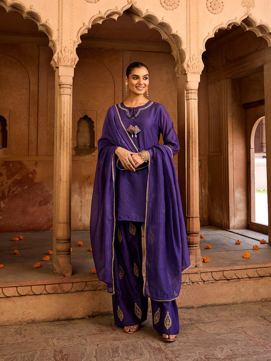 Royal Purple Chanderi Embroidered 3-Piece Suit Set with Dupatta