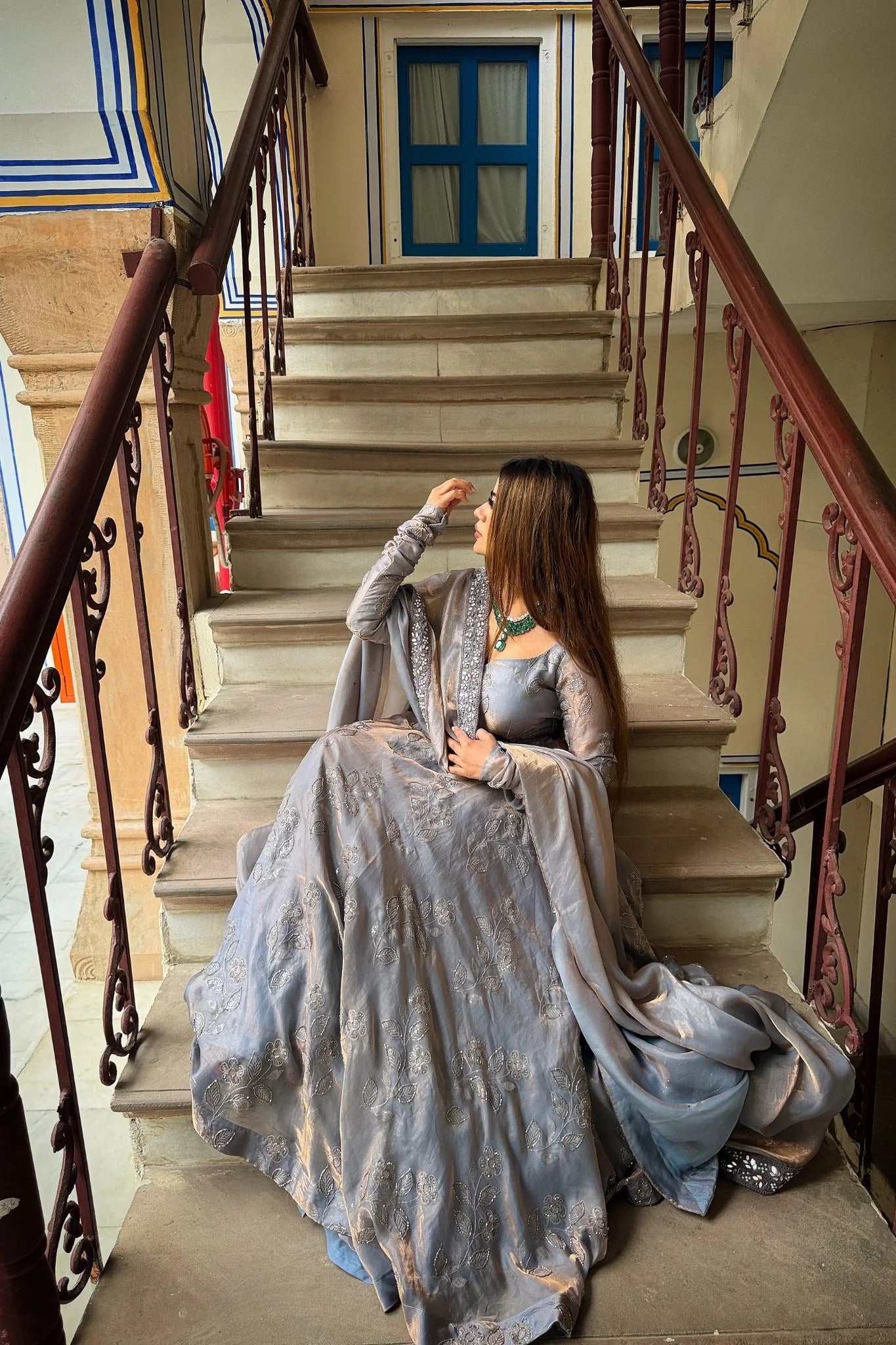 siya grey fancy embroidered anarkali suit set