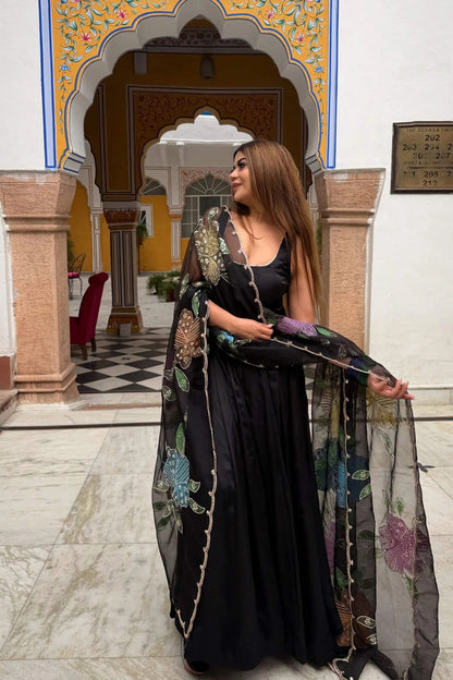 Authentic Black Designer Natural Crepe Farshi Salwar Suit with Moti Work for Party Wear