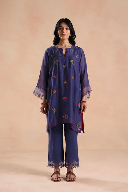 Mehrunnisa Royal Purple Chanderi Silk Floral Embroidered Kurta Pant Set for Women