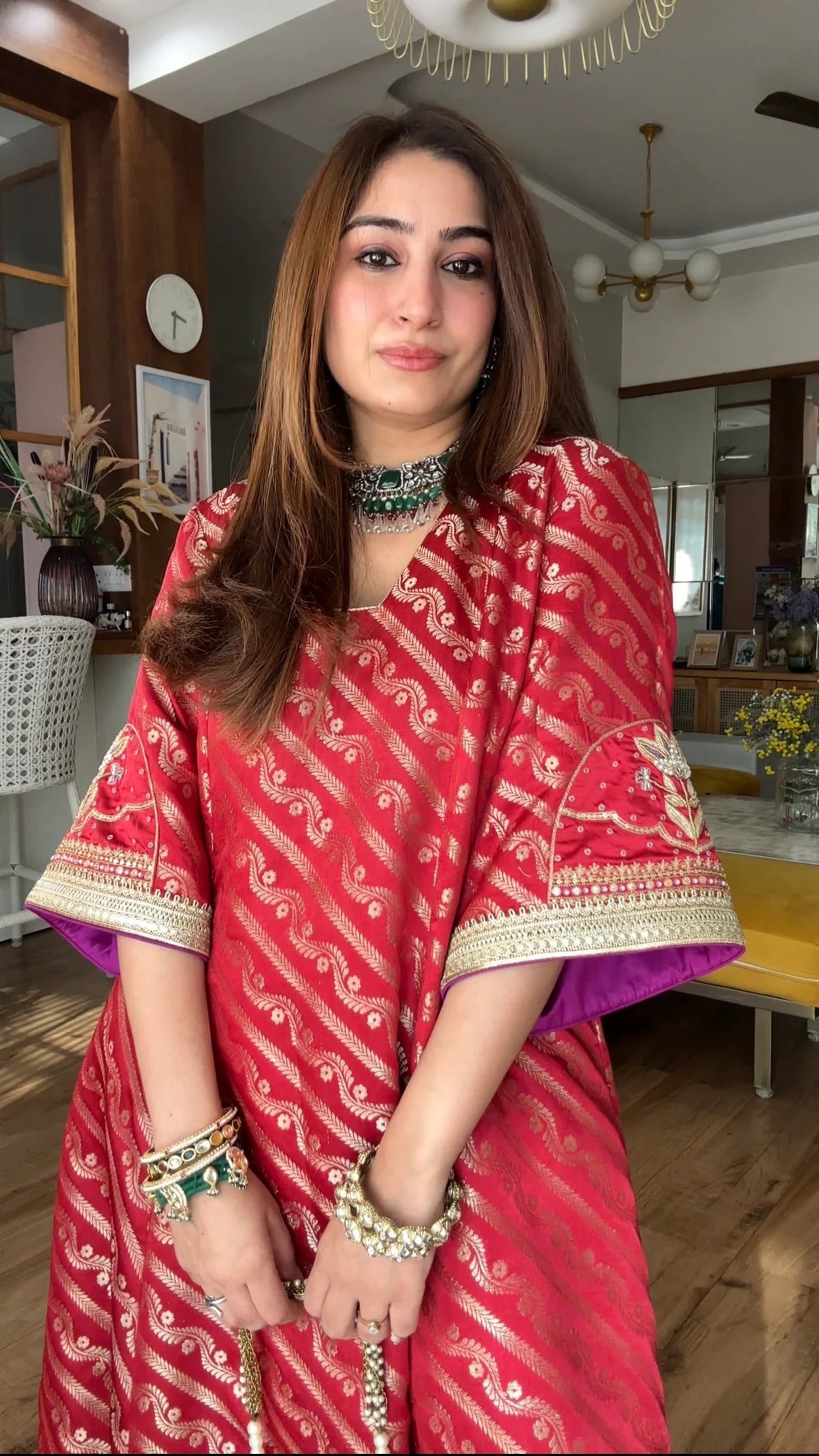 elegant red jacquard muslin handwork kurta set for women