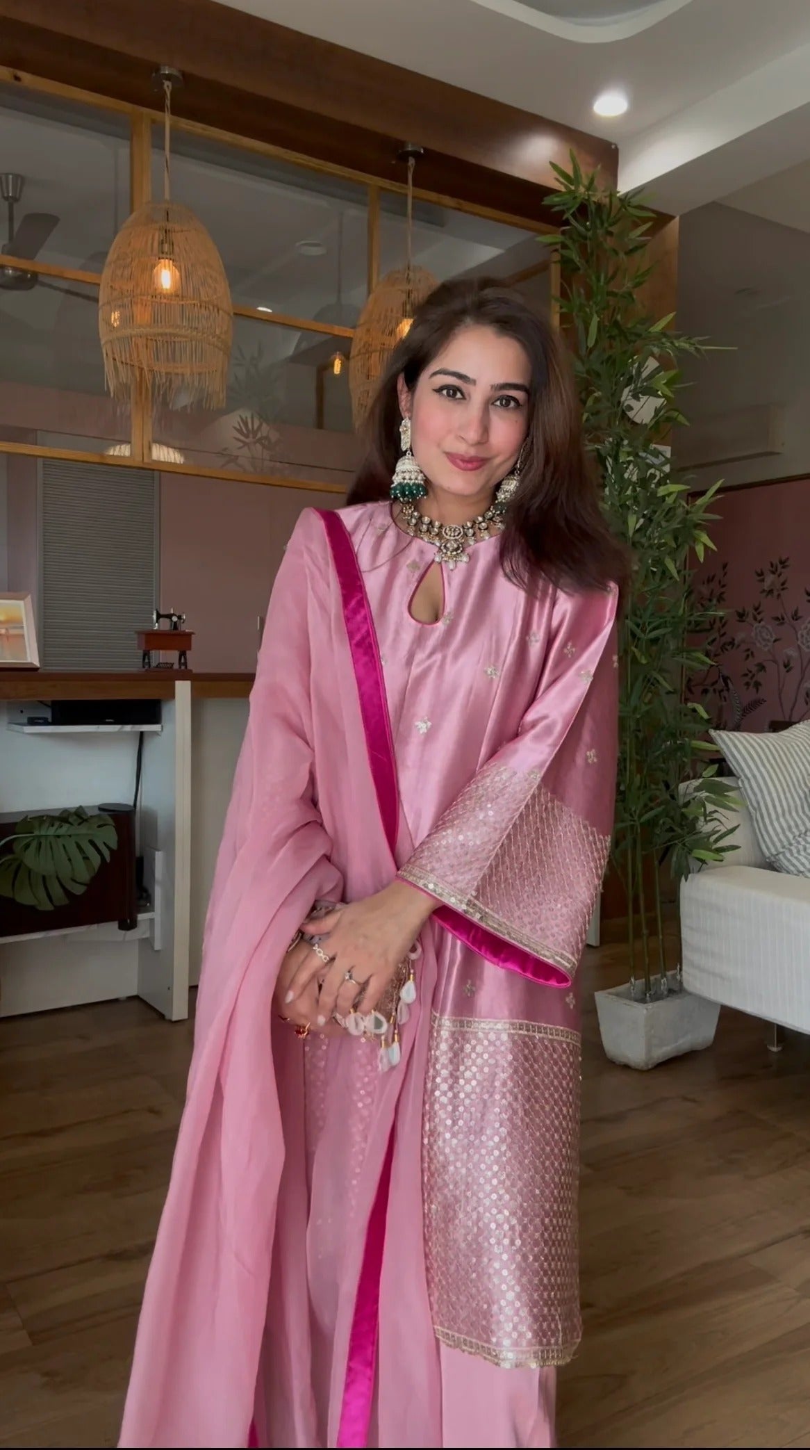 pink gajji silk embroidered 3 piece suit set