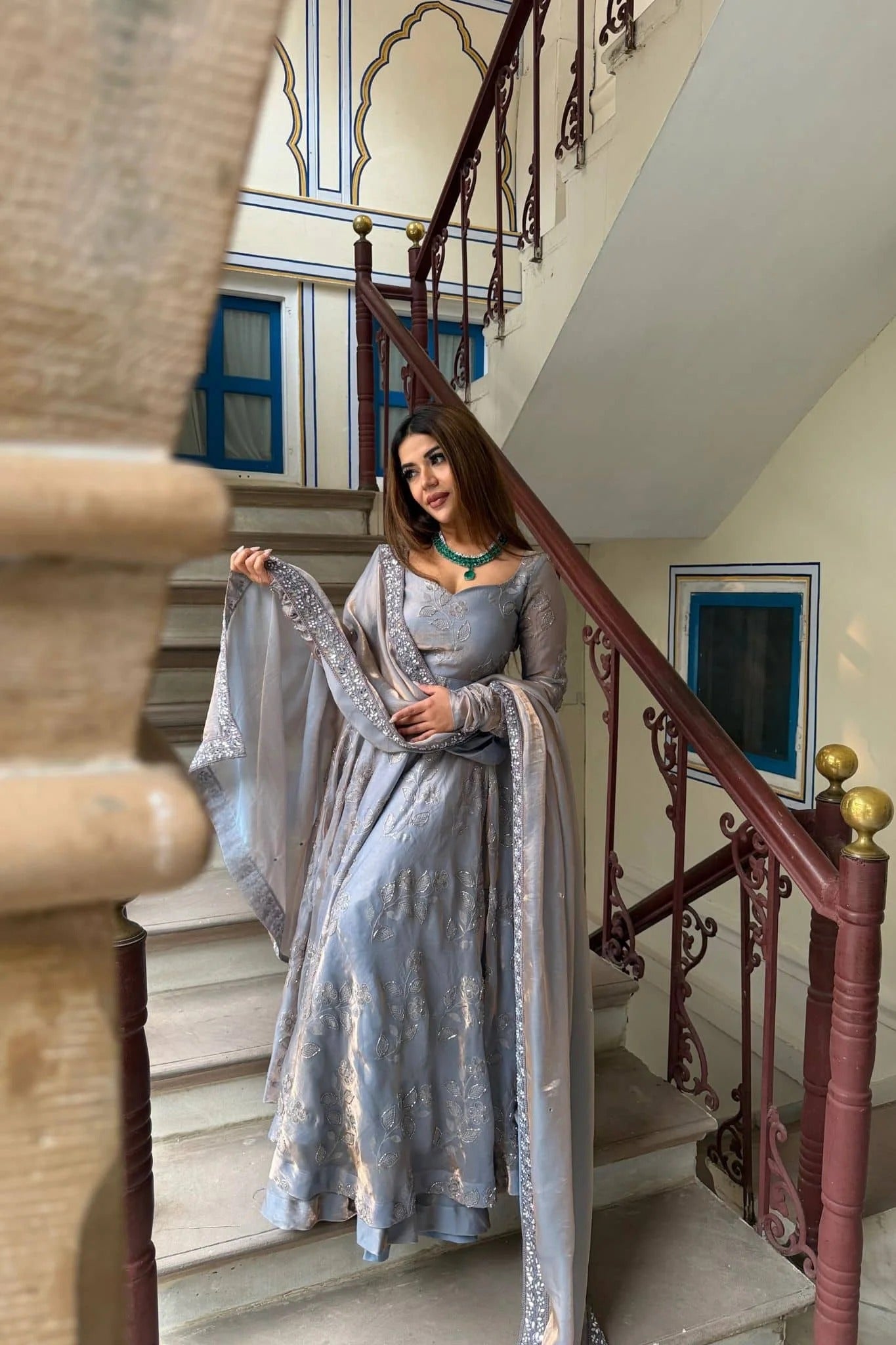 siya grey fancy embroidered anarkali suit set
