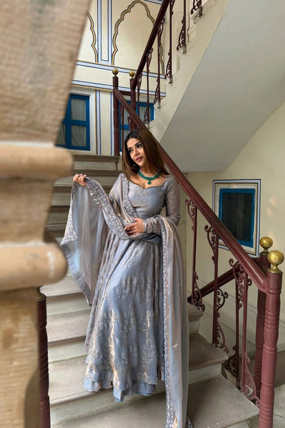 Siya Grey Fancy Embroidered Anarkali Suit Set
