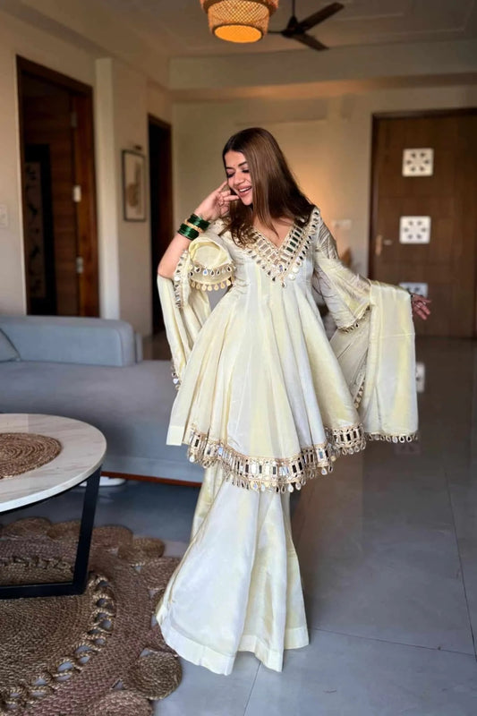 Ivory Mirror Work Peplum Kurta Sharara Set with Dupatta | Elegant Festive & Wedding Wear