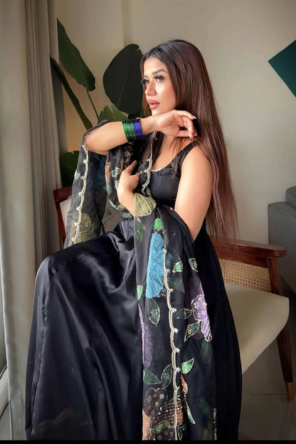 Authentic Black Designer Natural Crepe Farshi Salwar Suit with Moti Work for Party Wear
