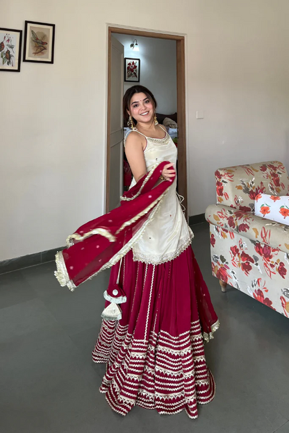 Elegant Ruby Red Sharara Suit Set with Ivory Embroidered Kurti
