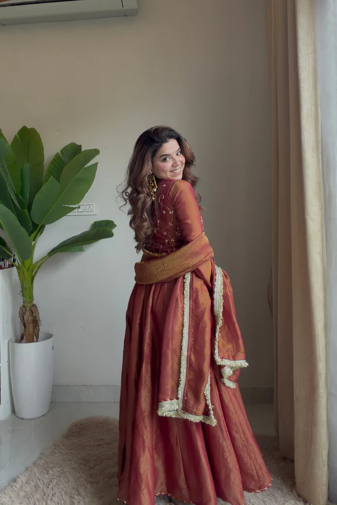 noor rust embroidered anarkali set