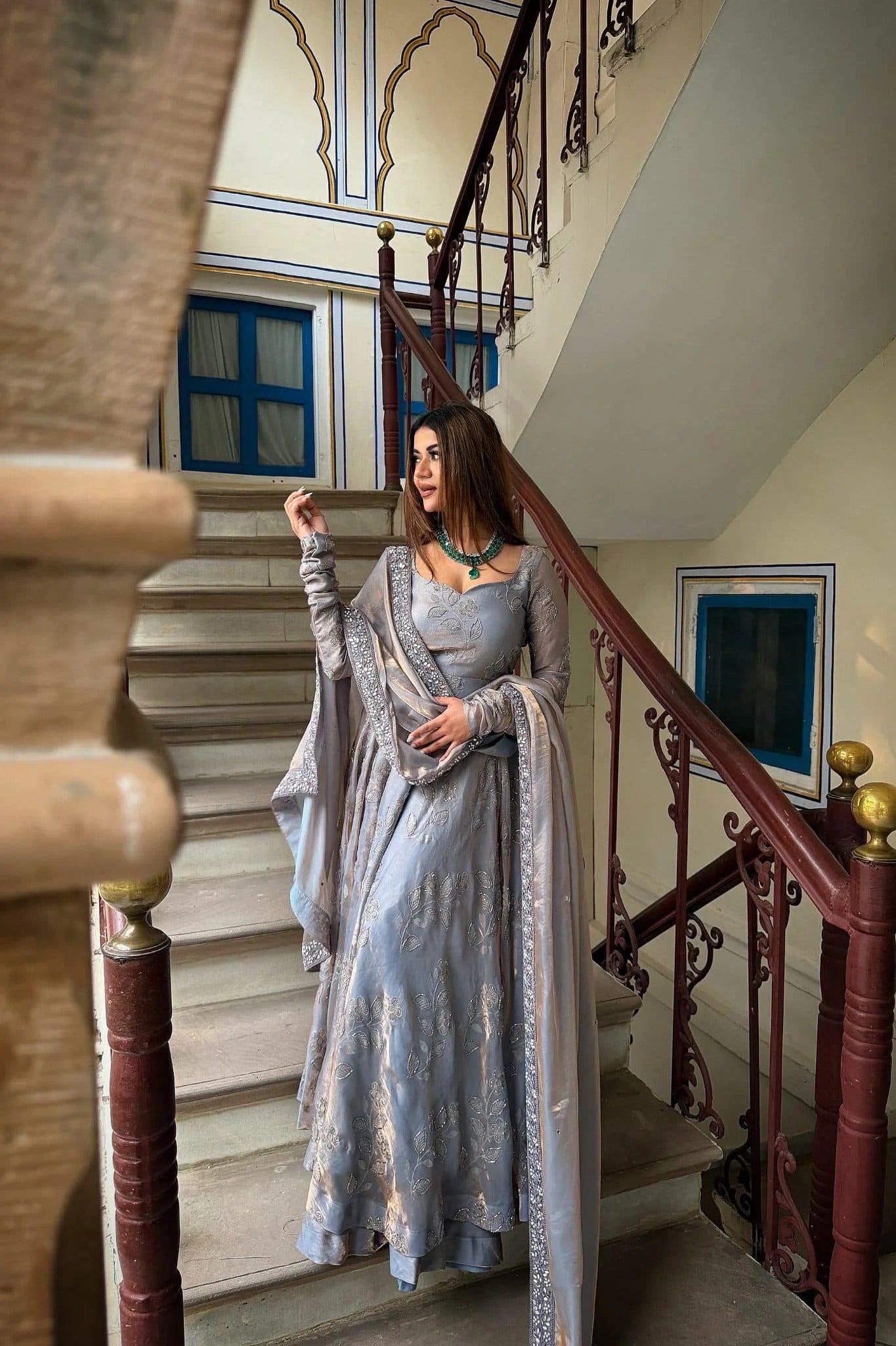 siya grey fancy embroidered anarkali suit set