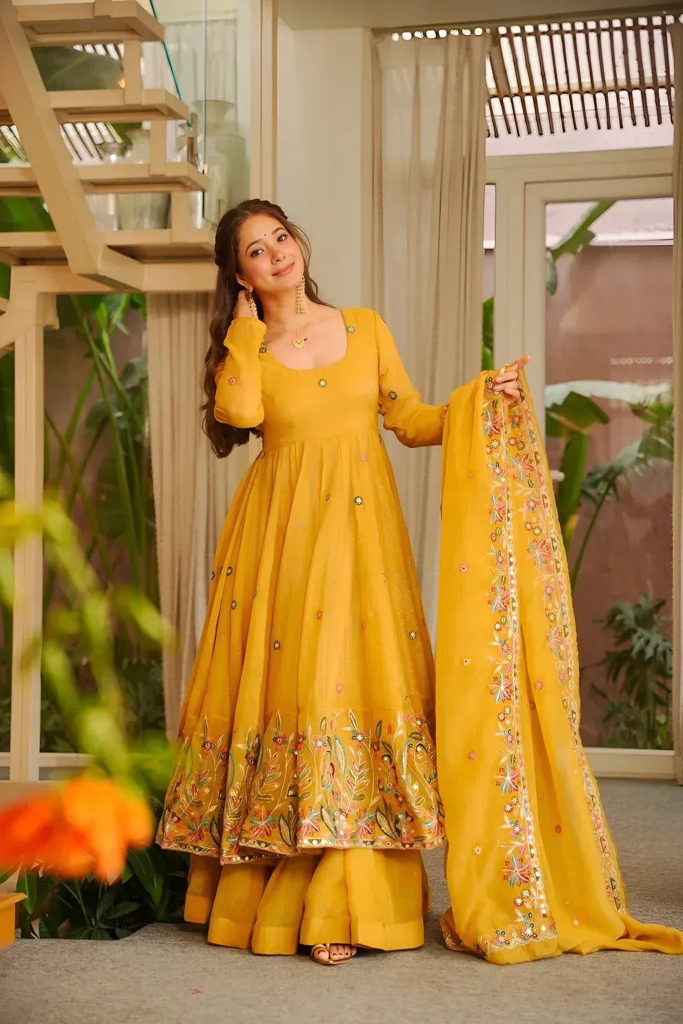 minaxi's festive special yellow flared anarkali suit set