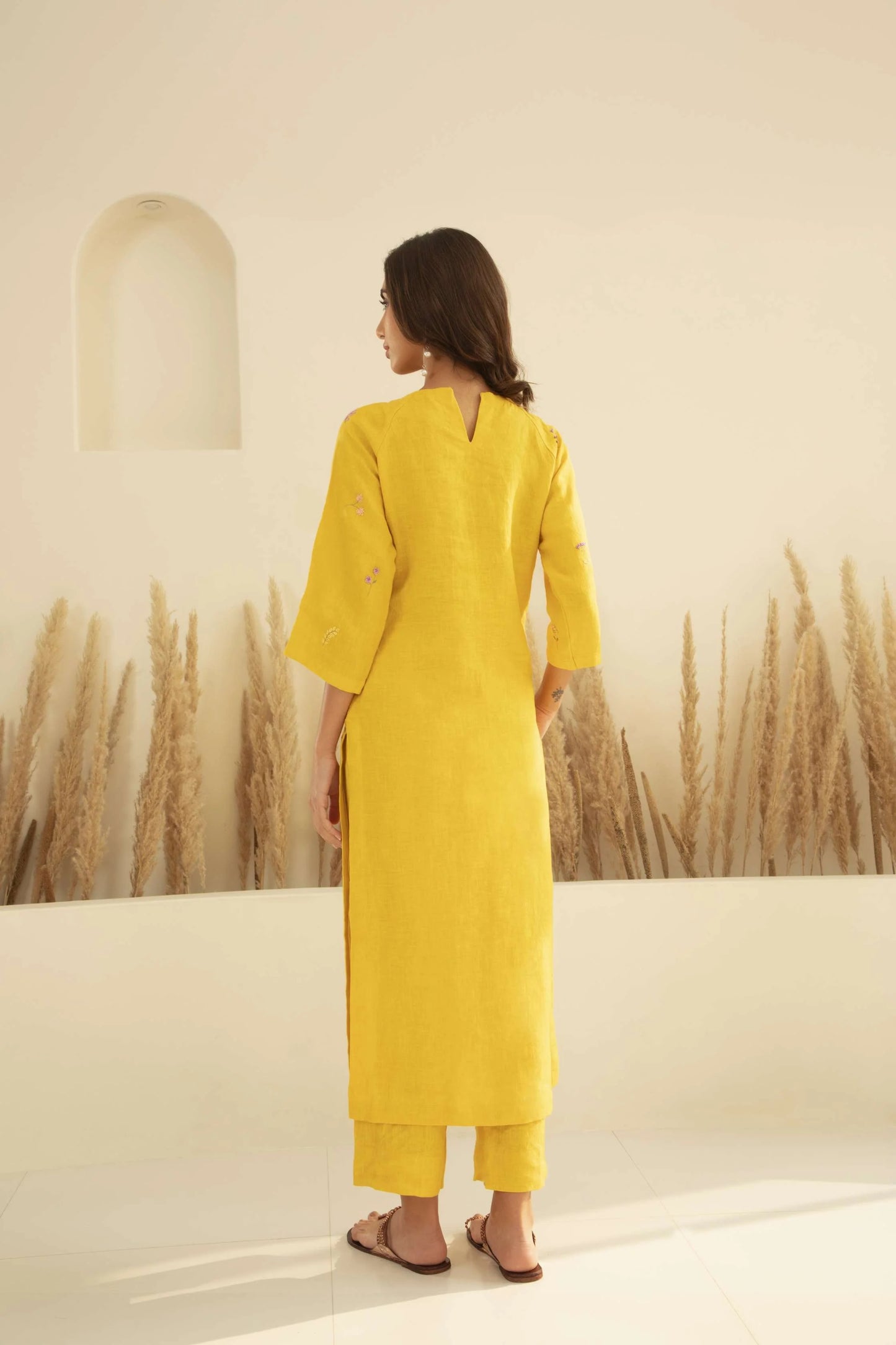 yellow mal chanderi embroidered straight kurta set for women