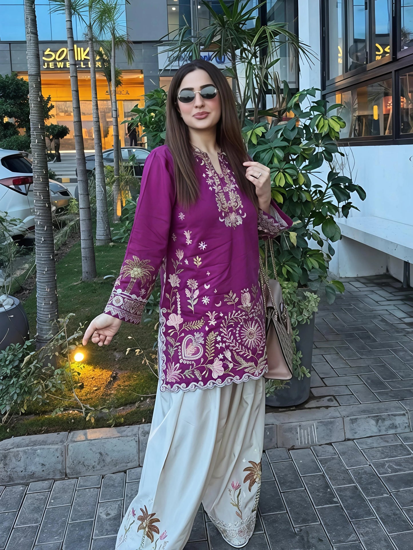 regal magenta embroidered kurta with ivory tulip pant set for women