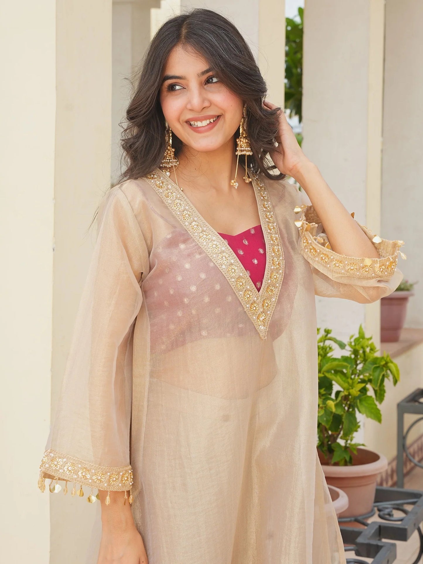 elegant beige tissue embroidered kurta palazzo set for women