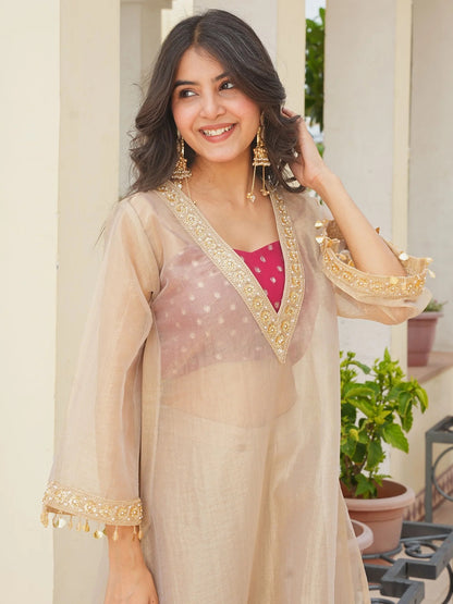 Elegant Beige Tissue Embroidered Kurta Palazzo Set for Women