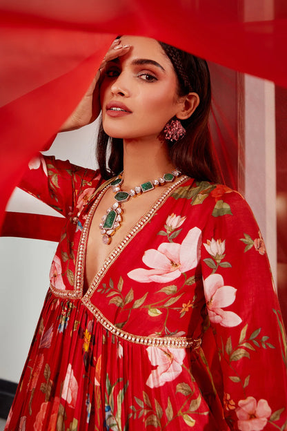 Ruby Red Floral Silk Kurta Garara Set with Net Dupatta