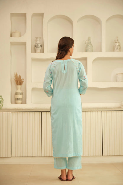 Light Blue Cotton Floral Embroidered Kurta Pant Set for Women