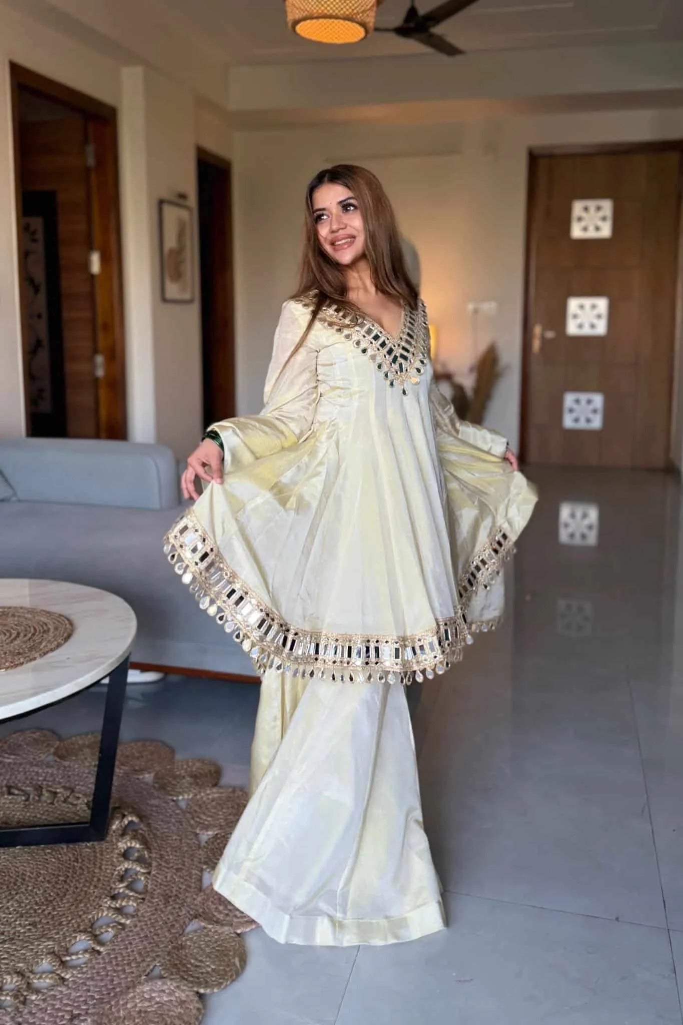 ivory mirror work peplum kurta sharara set with dupatta | elegant festive & wedding wear