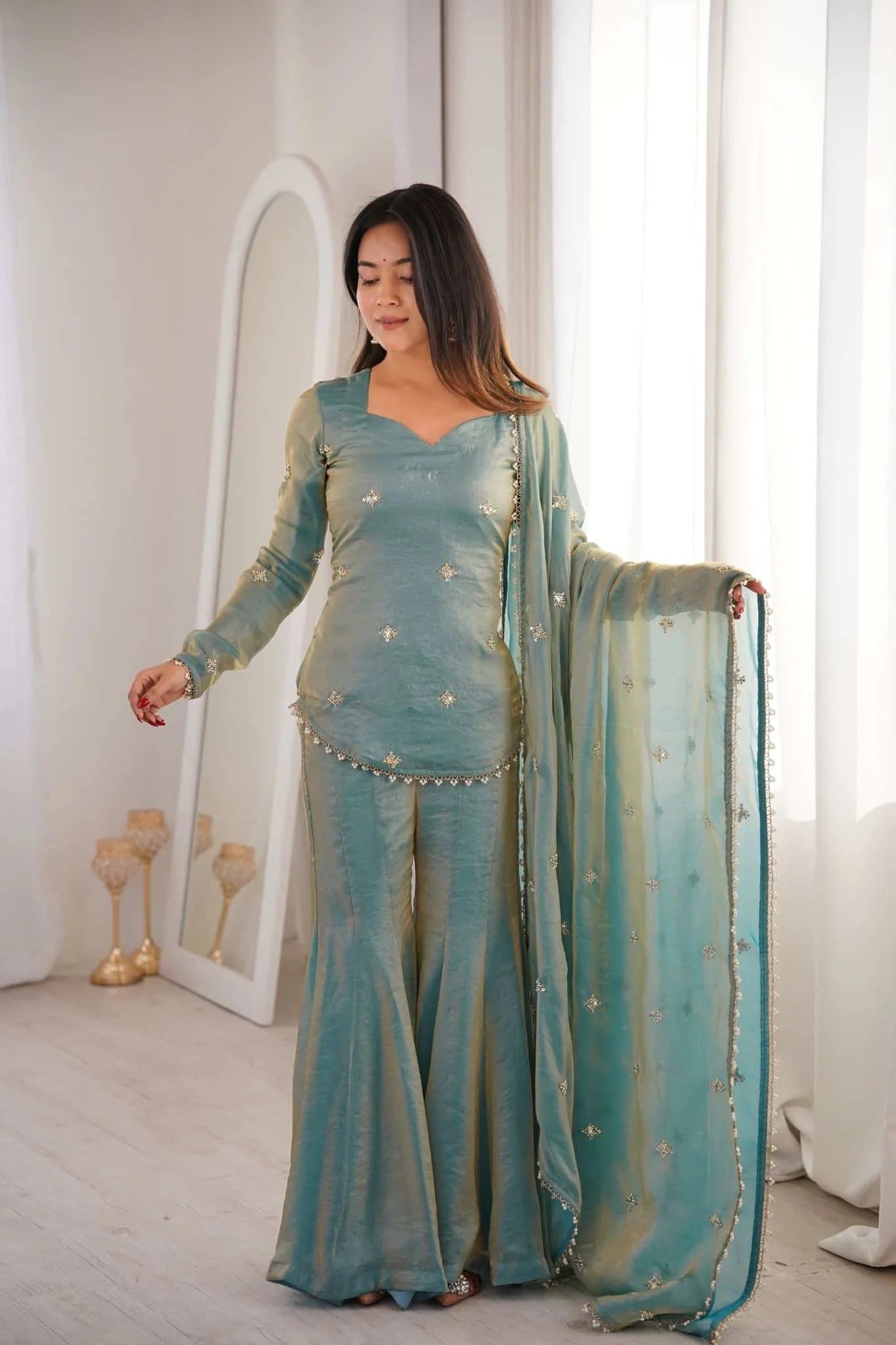 elegant sea green sharara suit set with embellished dupatta