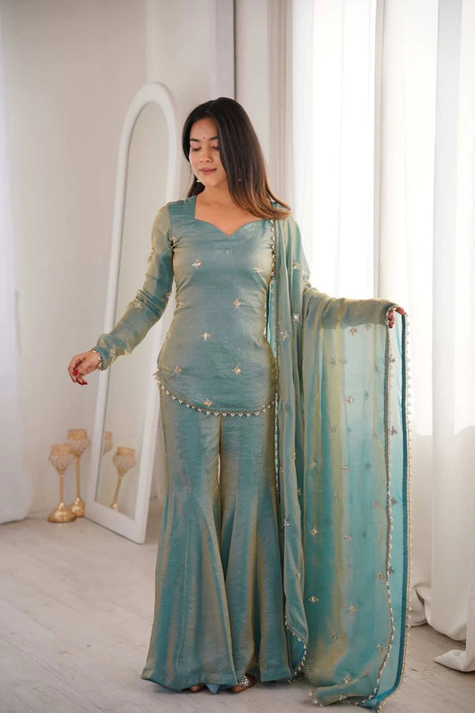 Elegant Sea Green Sharara Suit Set with Embellished Dupatta