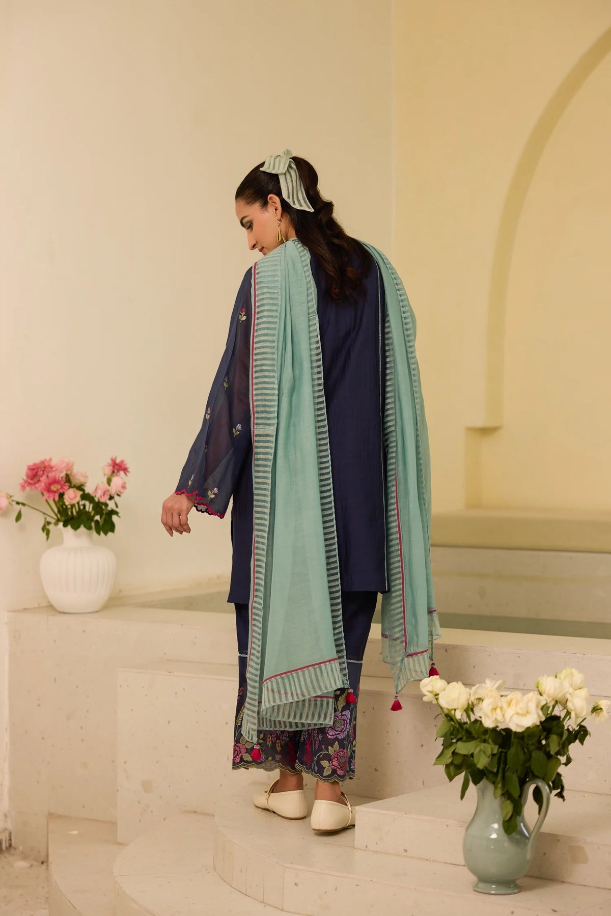 meher blue chanderi floral embroidered kurta set with aqua dupatta