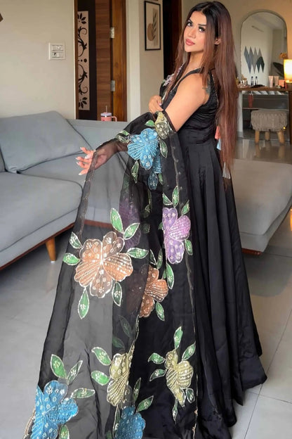 Authentic Black Designer Natural Crepe Farshi Salwar Suit with Moti Work for Party Wear