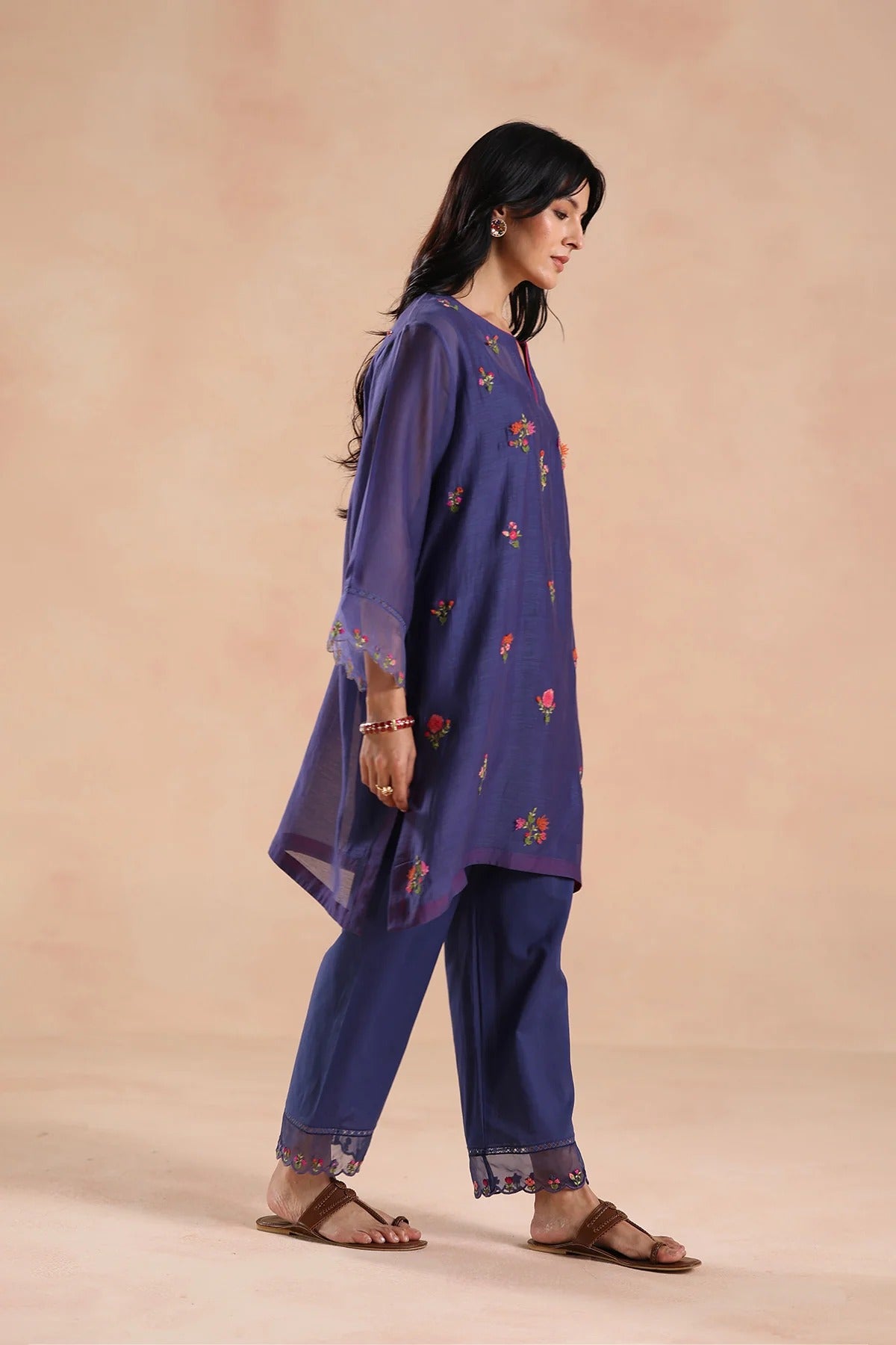 mehrunnisa royal purple chanderi silk floral embroidered kurta pant set for women