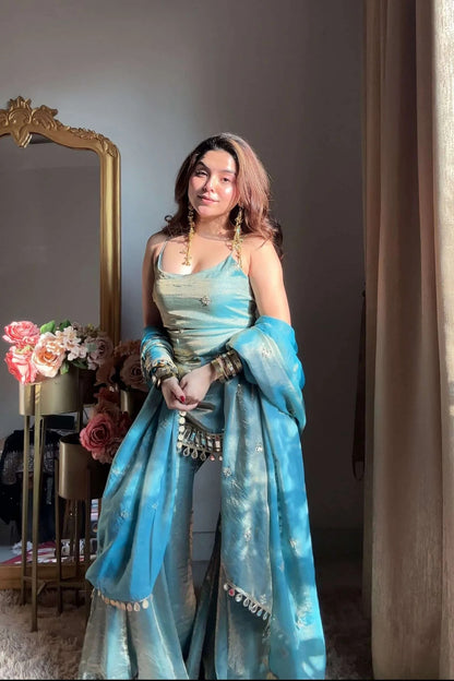Sky Blue Embellished Sharara Set with Mirror Work Dupatta