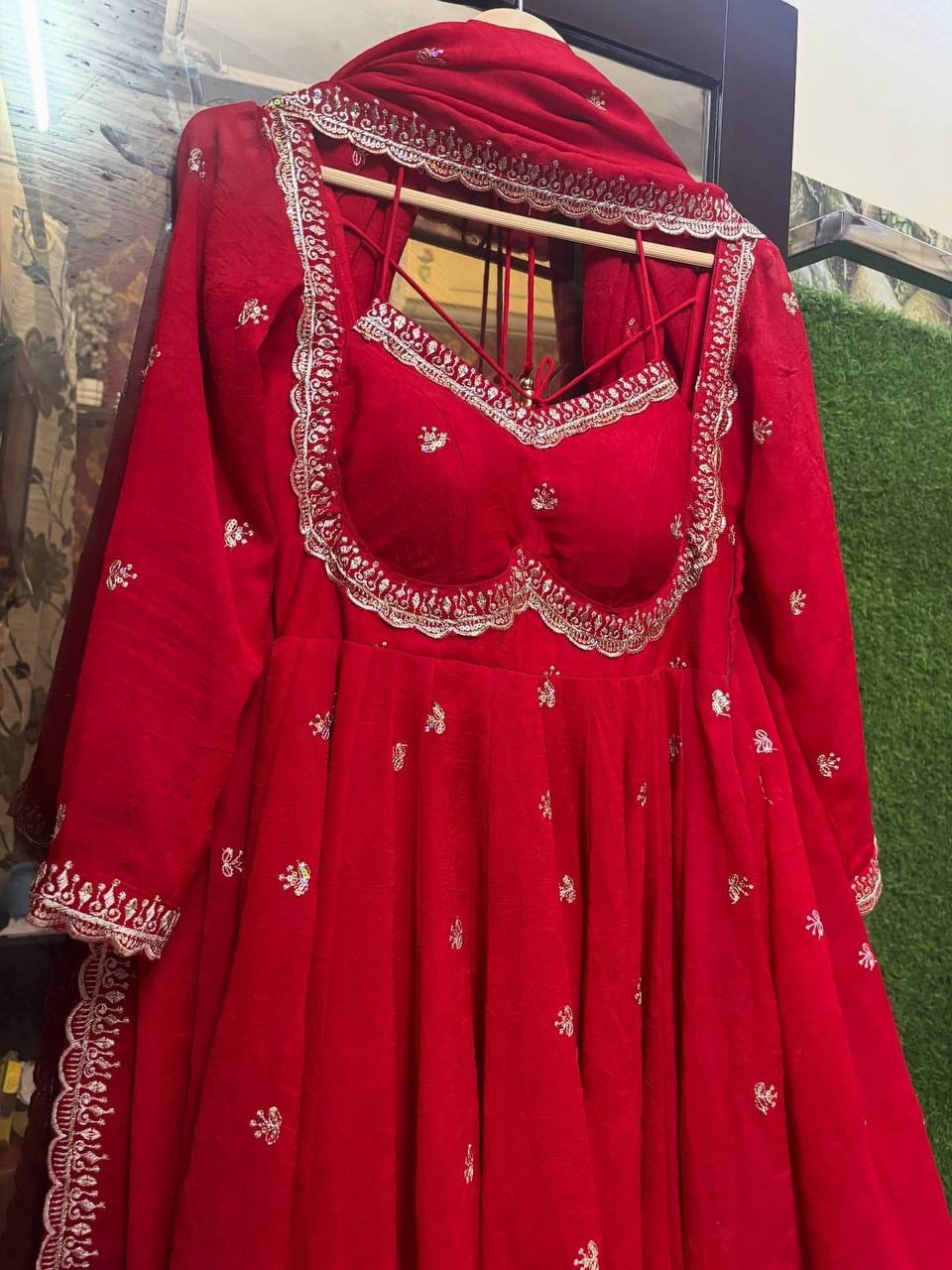 classic red karva chauth special anarkali suit set