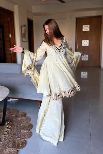 Ivory Mirror Work Peplum Kurta Sharara Set with Dupatta | Elegant Festive & Wedding Wear